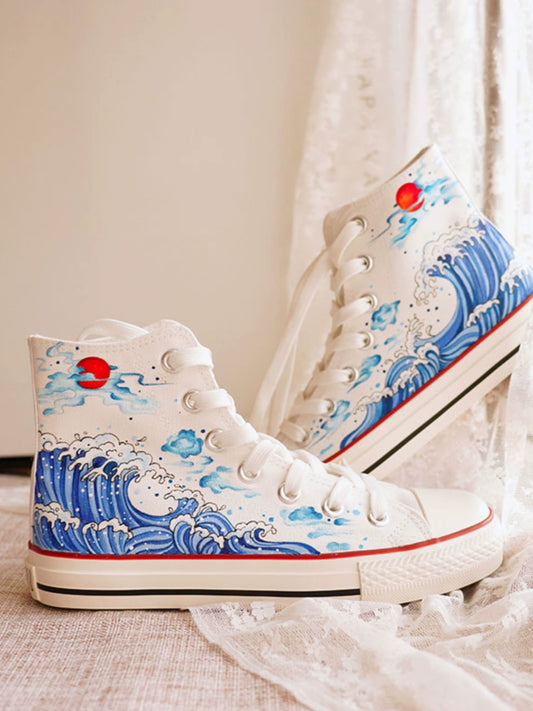 2024 New Arrival High-Top Canvas Shoes for Women Hand-Painted Shoes Sunrise HAILANG National Style Graffiti Stylish Easiest for Match Shoelace Skate Shoes for Men