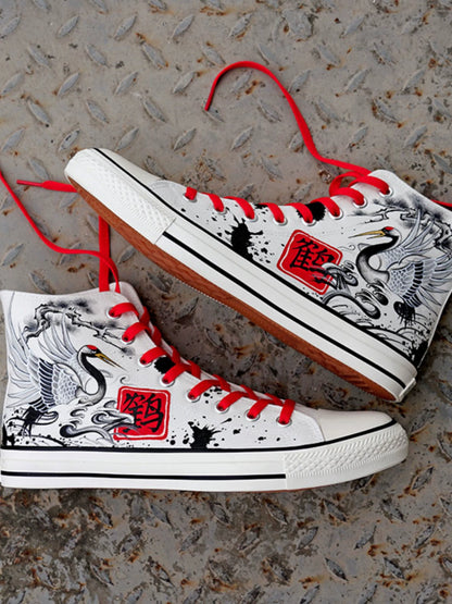 Summer New Arrival High-Top Canvas Shoes Ink Painting Crane Hand-Painted Ancient Style Shoelace Artistic Conception Graffiti Easiest for Match National Style Skate Shoes for Men