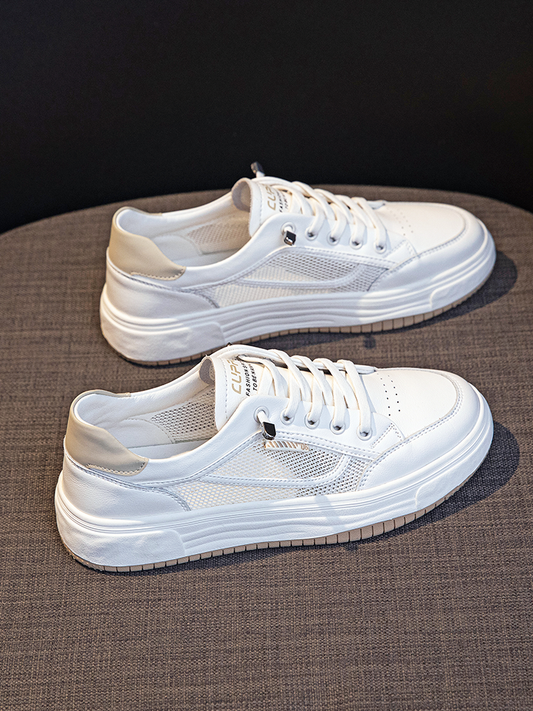Authentic Leather Hollow out Lightweight Mesh Surface Flats Casual White Shoes