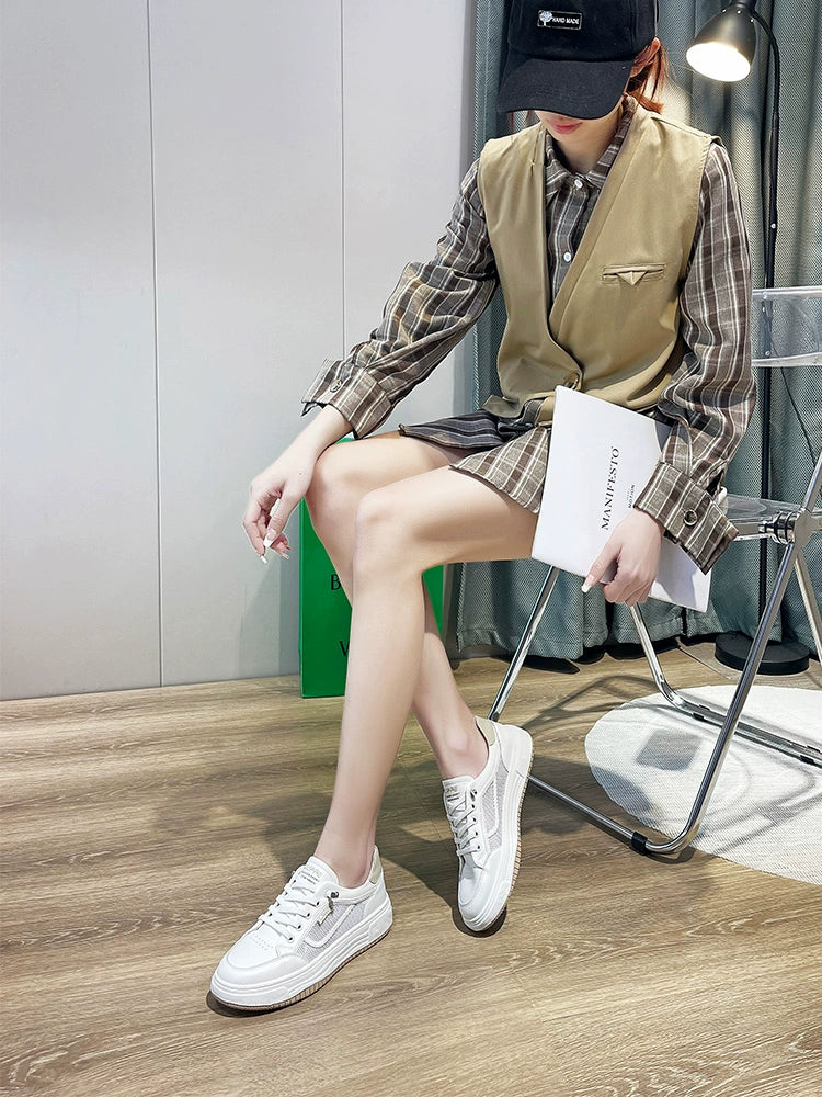 Authentic Leather Hollow out Lightweight Mesh Surface Flats Casual White Shoes