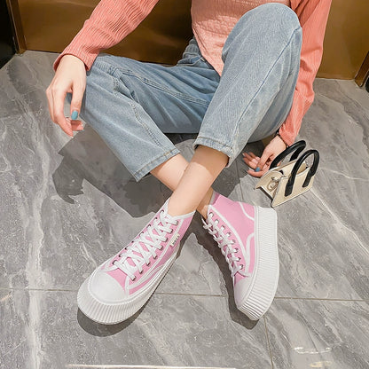 Thick Sole High-Top Canvas Shoes for Women New Summer New Arrival Heightened Platform Shoes Shoelace round Head Leisure Easiest for Match Biscuit Shape Shoes
