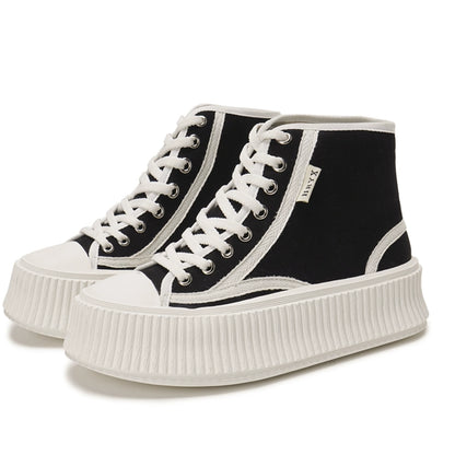 Thick Sole High-Top Canvas Shoes for Women New Summer New Arrival Heightened Platform Shoes Shoelace round Head Leisure Easiest for Match Biscuit Shape Shoes