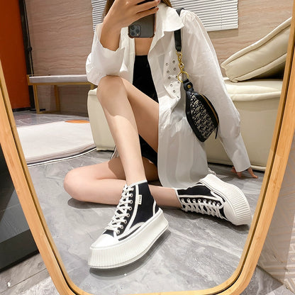 Thick Sole High-Top Canvas Shoes for Women New Summer New Arrival Heightened Platform Shoes Shoelace round Head Leisure Easiest for Match Biscuit Shape Shoes
