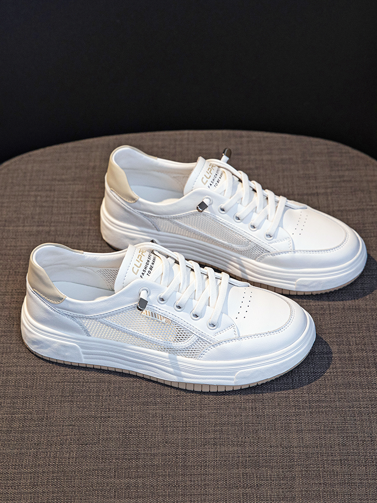Authentic Leather Hollow out Lightweight Mesh Surface Flats Casual White Shoes