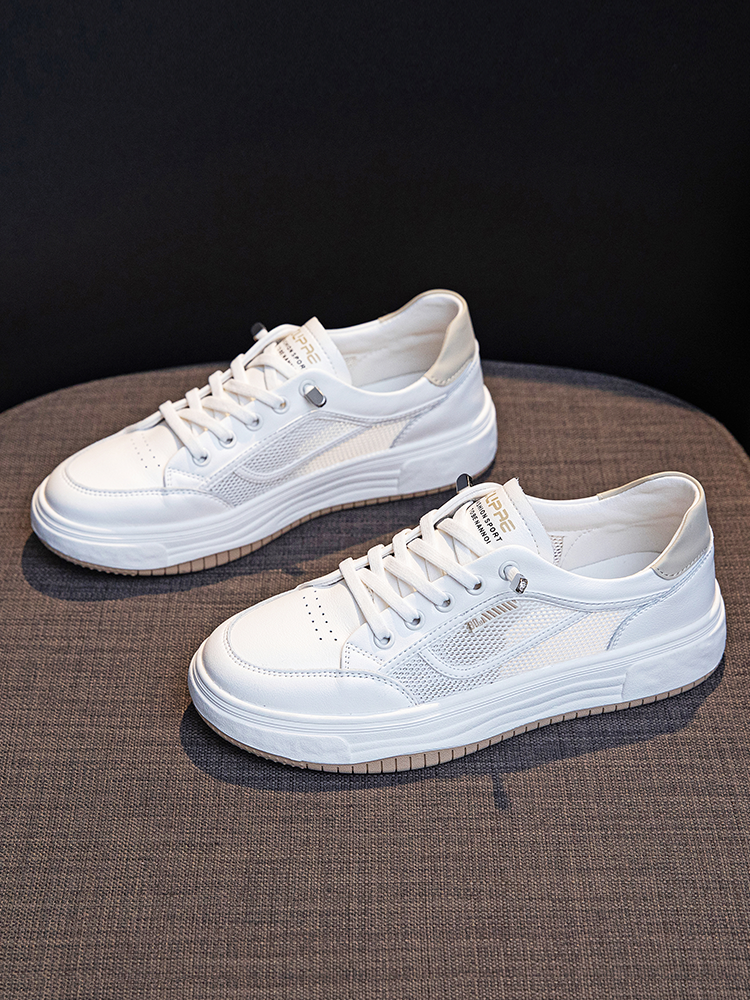 Authentic Leather Hollow out Lightweight Mesh Surface Flats Casual White Shoes