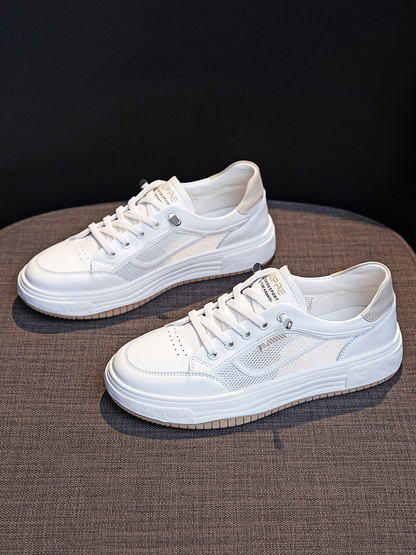 Authentic Leather Hollow out Lightweight Mesh Surface Flats Casual White Shoes