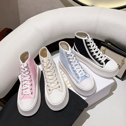 Thick Sole High-Top Canvas Shoes for Women New Summer New Arrival Heightened Platform Shoes Shoelace round Head Leisure Easiest for Match Biscuit Shape Shoes